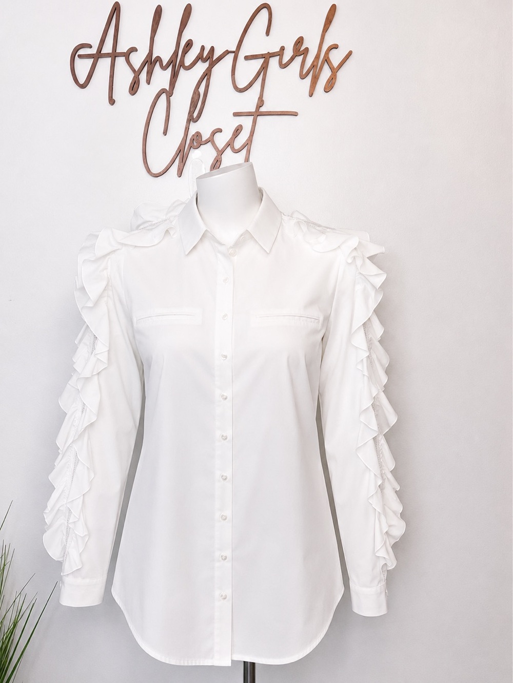 Anne Fontaine Lianali White Ruffle Sleeve Button Front Blouse